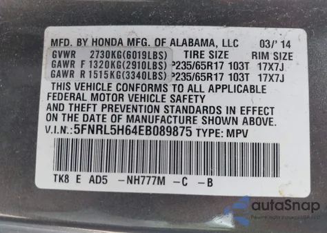 2014 Honda Odyssey Ex-L from USA, damaged, VIN 5FNRL5H64EB089875